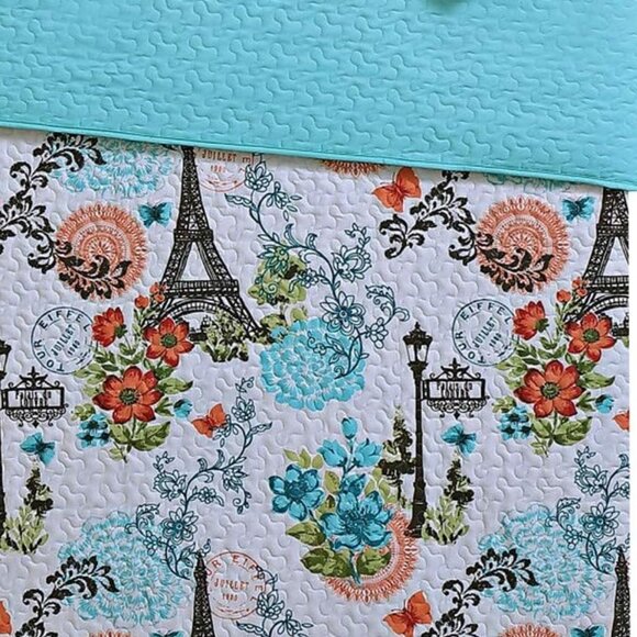 New Eiffel Tower Aqua Blue Reversible Quilt Set • 3 PC • DQ (DoubleQueen) Size - Picture 3 of 5